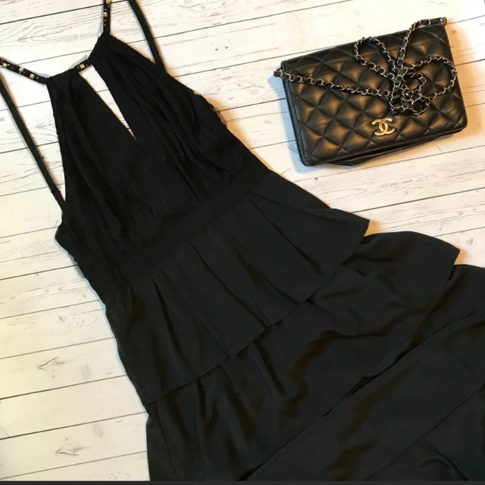 BCBG Gown with Swiss dot keyhole & silk layers